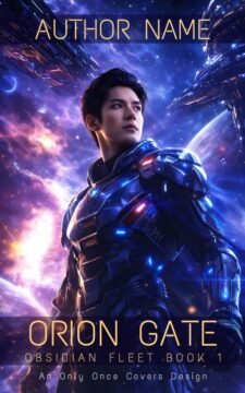 Sci‑fi book cover featuring a suited hero in blue armor under a starry cosmic backdrop.