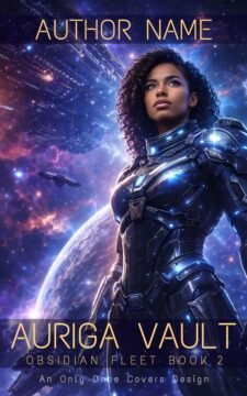 Sci‑fi book cover: a woman in high-tech armor stands in space with a planet and stars behind in a cosmic, aurora-lit background.