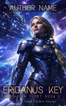 Sci-fi book cover: a woman in blue metallic armor with braided hair against an aurora-filled space backdrop of a spaceship, planets and stars.