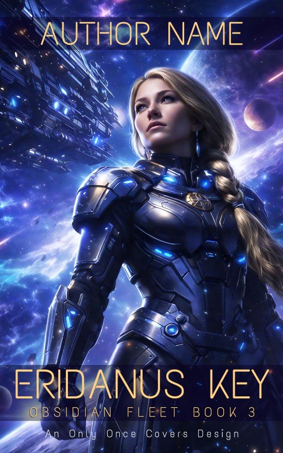 Sci-fi book cover: a woman in blue metallic armor with braided hair against an aurora-filled space backdrop of a spaceship, planets and stars.