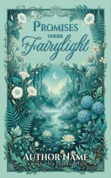 Premade cozy romantasy book cover in ornate botanical illustration style featuring a moonlit pond with water lilies, firefly-like lights, and teal floral border.
