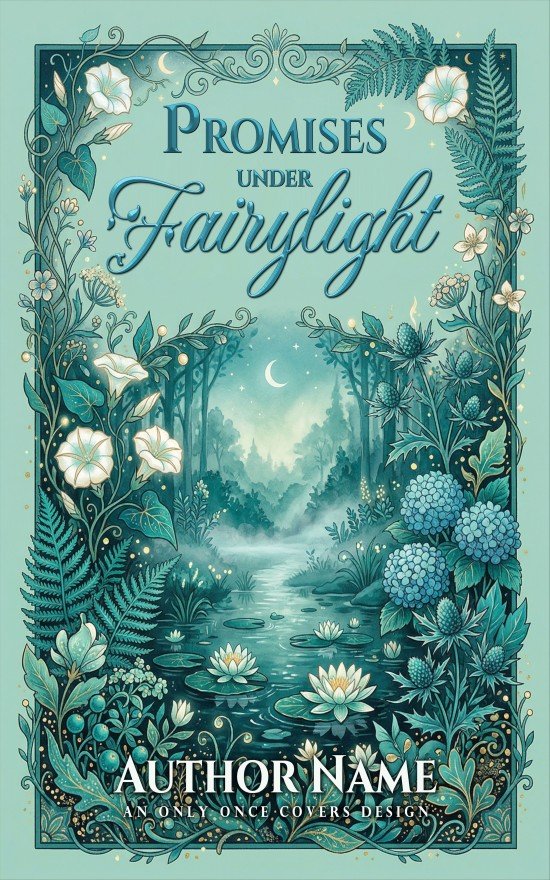 Promises Under Fairylight | Only Once Covers Premade cozy romantasy book cover in ornate botanical illustration style featuring a moonlit pond with water lilies, firefly-like lights, and teal floral border.