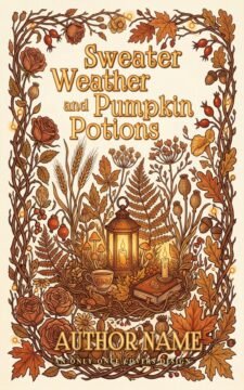 Premade cozy romantasy book cover in autumn illustration style with a botanical wreath border, lantern and candlelight, books, tea cup, pumpkins, and fall leaves.