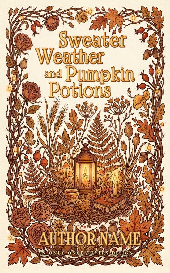 Premade cozy romantasy book cover in autumn illustration style with a botanical wreath border, lantern and candlelight, books, tea cup, pumpkins, and fall leaves.