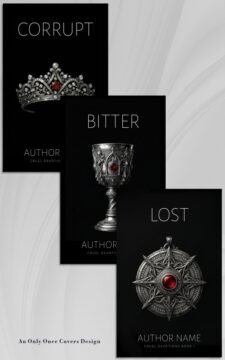 Three black book covers stacked diagonally: CORRUPT with a silver crown, BITTER with a jeweled goblet, and LOST with a silver compass emblem.