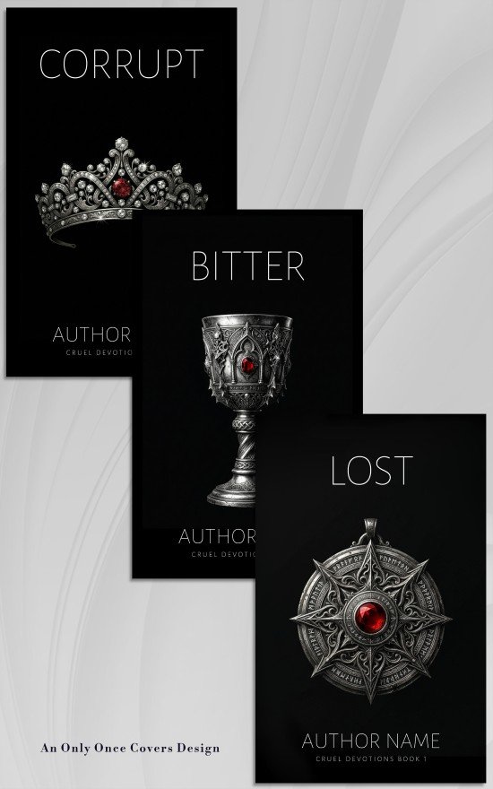 Three black book covers stacked diagonally: CORRUPT with a silver crown, BITTER with a jeweled goblet, and LOST with a silver compass emblem.