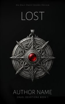 Lost | Only Once Covers Premade gothic minimal romantasy book cover featuring a silver compass locket with an ornate star design and a central red gemstone on a black background.