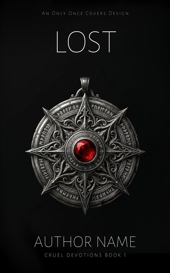Lost | Only Once Covers Premade gothic minimal romantasy book cover featuring a silver compass locket with an ornate star design and a central red gemstone on a black background.