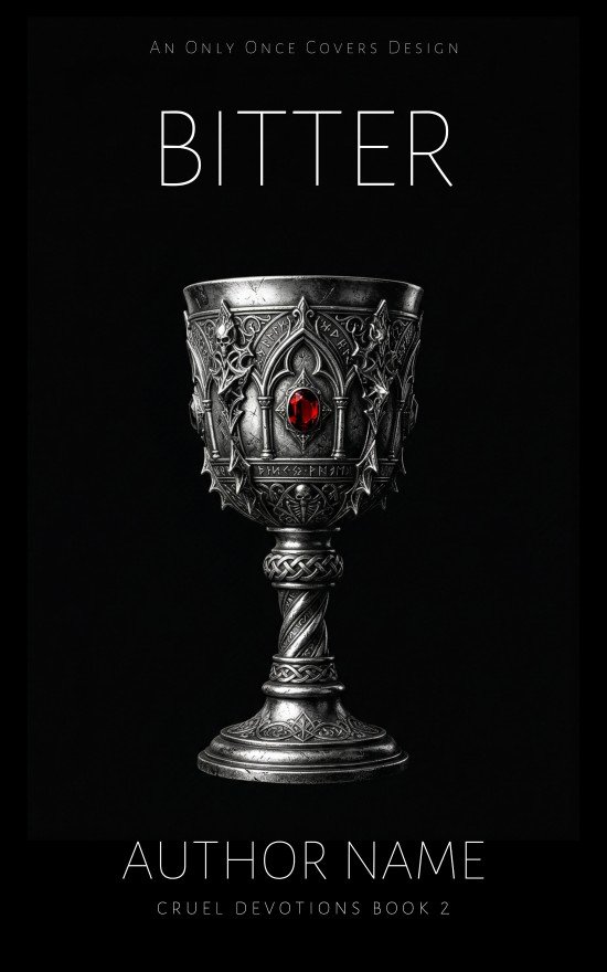 Bitter | Only Once Covers Premade gothic minimal romantasy book cover featuring an ornate silver chalice with a small red gemstone detail on a black background.