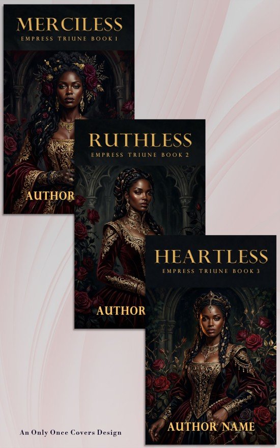 Collage of three book covers each featuring a regal woman in an elaborate gold and burgundy gown in a rose-filled gothic setting.