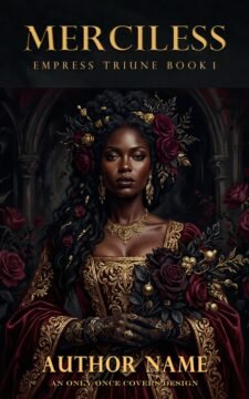 Premade dark romantasy book cover featuring a regal queen in ornate gown surrounded by red roses in a shadowed gothic setting.