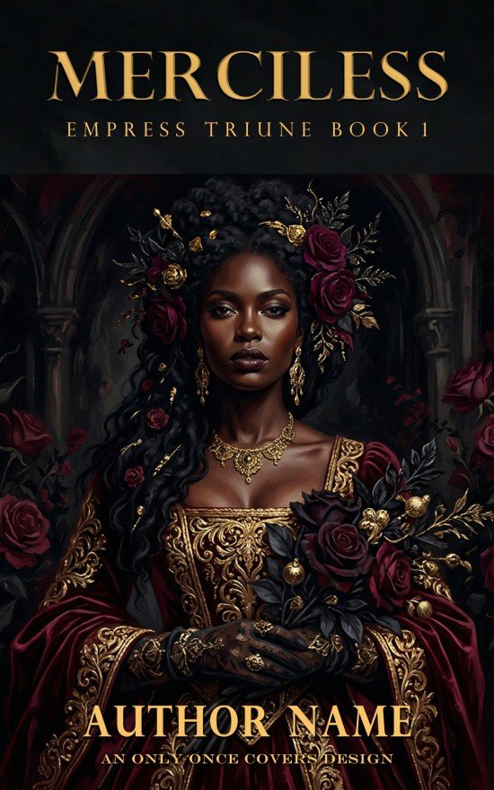 Premade dark romantasy book cover featuring a regal queen in ornate gown surrounded by red roses in a shadowed gothic setting.