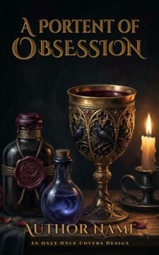Premade gothic romantasy book cover featuring a gold chalice, potion bottles, and a candle on a dark tabletop with moody lighting.