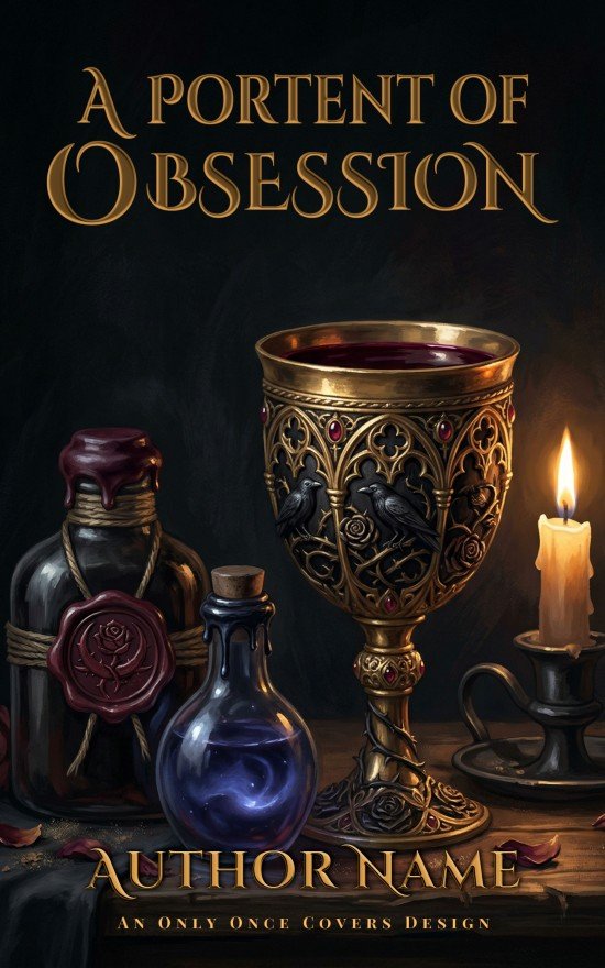 Premade gothic romantasy book cover featuring a gold chalice, potion bottles, and a candle on a dark tabletop with moody lighting.