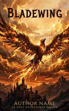 Premade epic romantasy book cover featuring a fiery phoenix soaring above a dark castle under stormy orange skies.