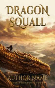 Premade romantasy book cover featuring a bronze dragon with a lone rider perching on a rocky mountain peak above a sunlit, misty valley.