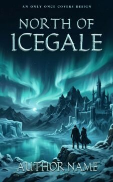 Premade winter romantasy book cover featuring aurora borealis over icy mountains with two travelers in a frozen landscape, cinematic cold tones.