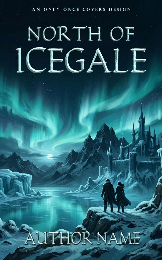 North of Icegale | Only Once Covers Premade winter romantasy book cover featuring aurora borealis over icy mountains with two travelers in a frozen landscape, cinematic cold tones.