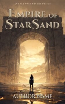 Premade desert romantasy book cover featuring a lone figure under a massive stone arch in golden sand-lit atmosphere, ancient ruins vibe.