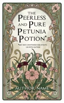 Premade cozy romantasy book cover in vintage botanical illustration style with floral border and apothecary-potion theme, soft pastel palette.
