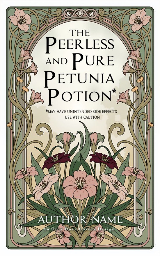 The Peerless and Pure Petunia Potion | Only Once Covers Premade cozy romantasy book cover in vintage botanical illustration style with floral border and apothecary-potion theme, soft pastel palette.