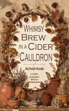 Premade cozy romantasy book cover featuring rustic apothecary scene with herbs, jars, dried botanicals, and warm autumn tones, cottage witch vibe.