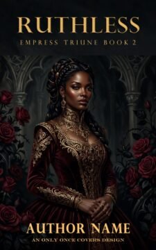 Dark-skinned royal woman in an embroidered burgundy gown standing among red roses in a dim gothic hall.