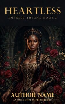 Crowned dark-skinned queen in a burgundy and black gown surrounded by red roses in a shadowed gothic garden.