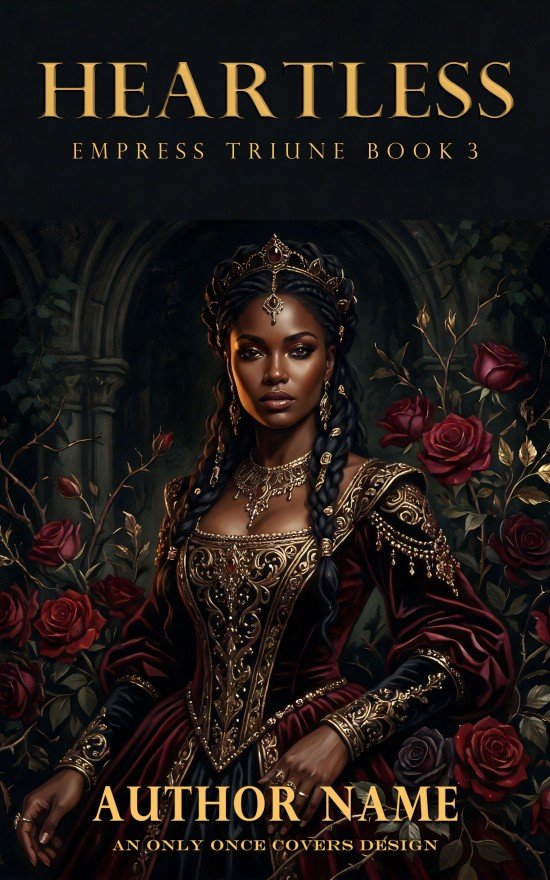 Crowned dark-skinned queen in a burgundy and black gown surrounded by red roses in a shadowed gothic garden.