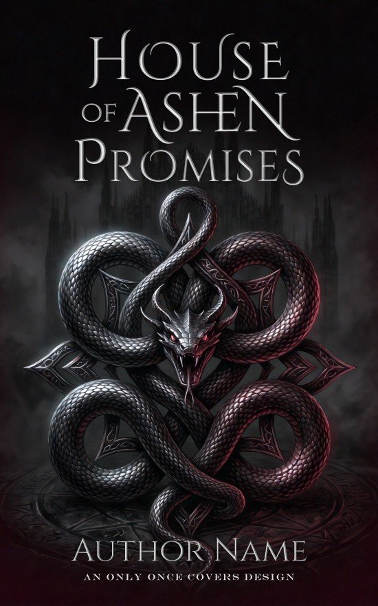 House of Ashen Promises | Only Once Covers Black serpent coiled into an ornate sigil against a smoky gothic background with dark red accents.