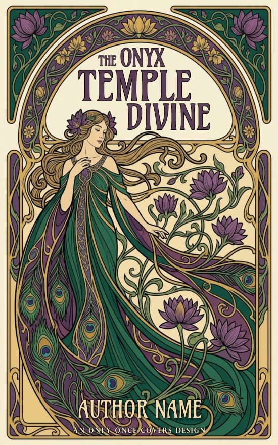 Art nouveau-style woman in a flowing green gown surrounded by lotus flowers and peacock-feather motifs.
