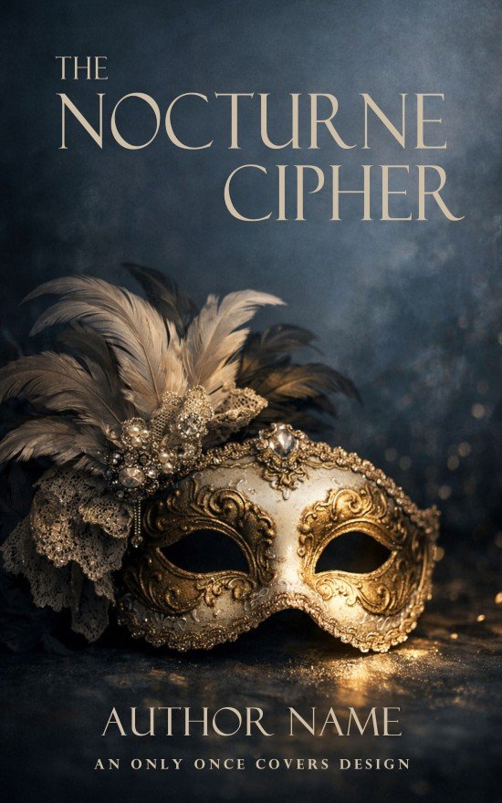 The Nocturne Cipher | Only Once Covers Ornate gold masquerade mask with feathers and lace resting against a moody dark blue background.