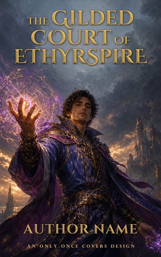 The Gilded Court of Ethyrspire | Only Once Covers Young male mage in blue and gold robes casting magic before towering fantasy spires under a stormy sky.