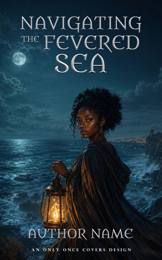 Navigating the Fevered Sea | Only Once Covers Young woman holding a lantern on a rocky moonlit shore with waves, cliffs, and distant lights.