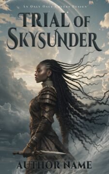 Braided warrior woman in dark armor holding a dagger beneath clouds, stars, and a giant moonlit sky.