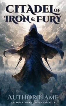 Hooded figure holding twin daggers above a misty fantasy city with tall spires and dramatic clouds.