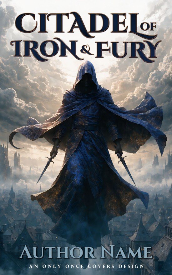 Citadel of Iron and Fury | Only Once Covers Hooded figure holding twin daggers above a misty fantasy city with tall spires and dramatic clouds.
