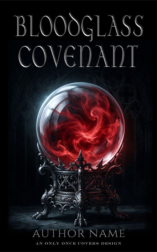 Bloodglass Covenant | Only Once Covers Glowing red crystal sphere in an ornate black stand against a dark gothic background.