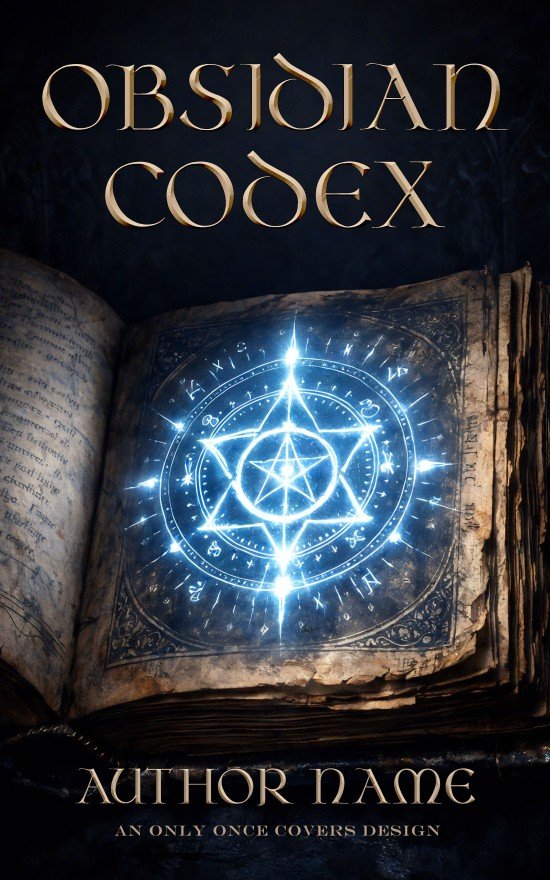 Obsidian Codex | Only Once Covers Ancient open book with a glowing magical sigil on its pages in a dark atmospheric setting.