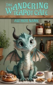 Cute blue dragon sitting in a cozy cafe surrounded by pastries, plants, and teacups.