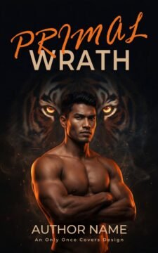 Muscular bare-chested man standing before the glowing eyes and shadowed face of a tiger with orange sparks.