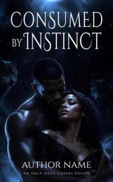 Muscular man holding a woman close beneath blue moonlight with shadowed wolves watching in the background.