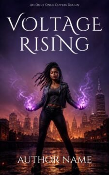 Black woman in dark leather standing on a wet rooftop with violet lightning glowing from both hands above a city skyline.
