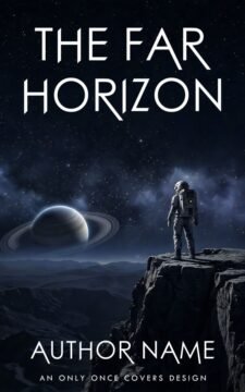 Lone astronaut standing on an alien cliff beneath a starry sky with a large ringed planet on the horizon.