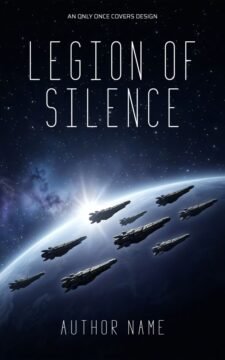 Formation of dark futuristic warships flying above the curved horizon of a blue planet beneath a star-filled sky.