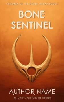 Large bone-colored three-pronged alien emblem floating above a hazy orange desert landscape.
