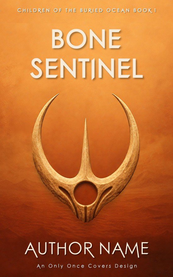 Large bone-colored three-pronged alien emblem floating above a hazy orange desert landscape.