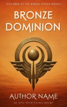 Geometric bronze insignia with rings, a central sphere, and winglike forms above an orange desert landscape.