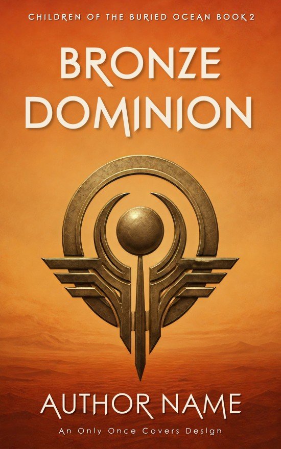 Geometric bronze insignia with rings, a central sphere, and winglike forms above an orange desert landscape.