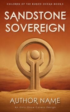 Monumental circular sandstone symbol with a central orb rising from dunes beneath an orange sky and distant mountains.